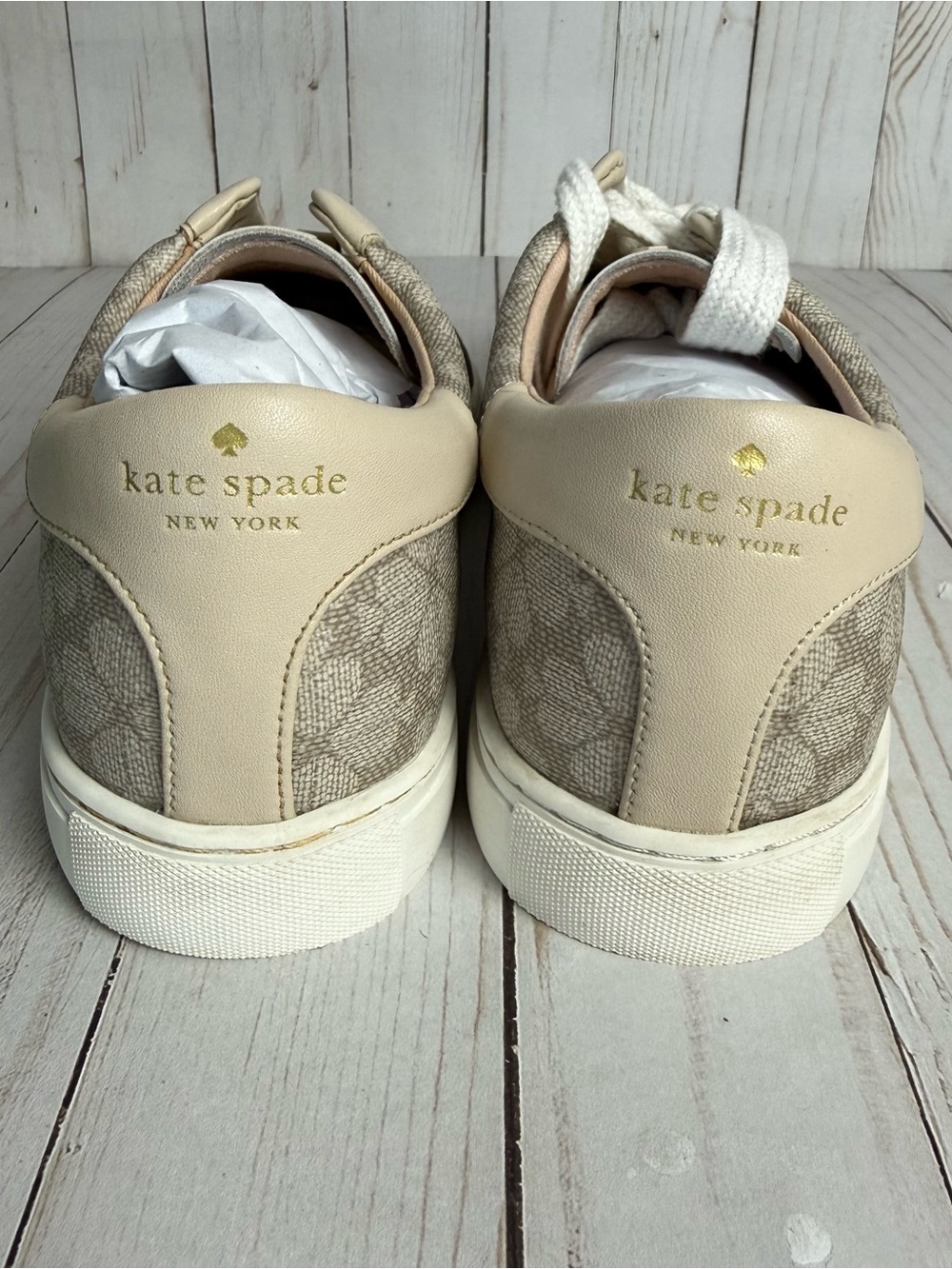 Kate Spade Taupe Erin Spade Flower Logo Sneakers Lace Up Vegan Leather - Picture 9 of 13